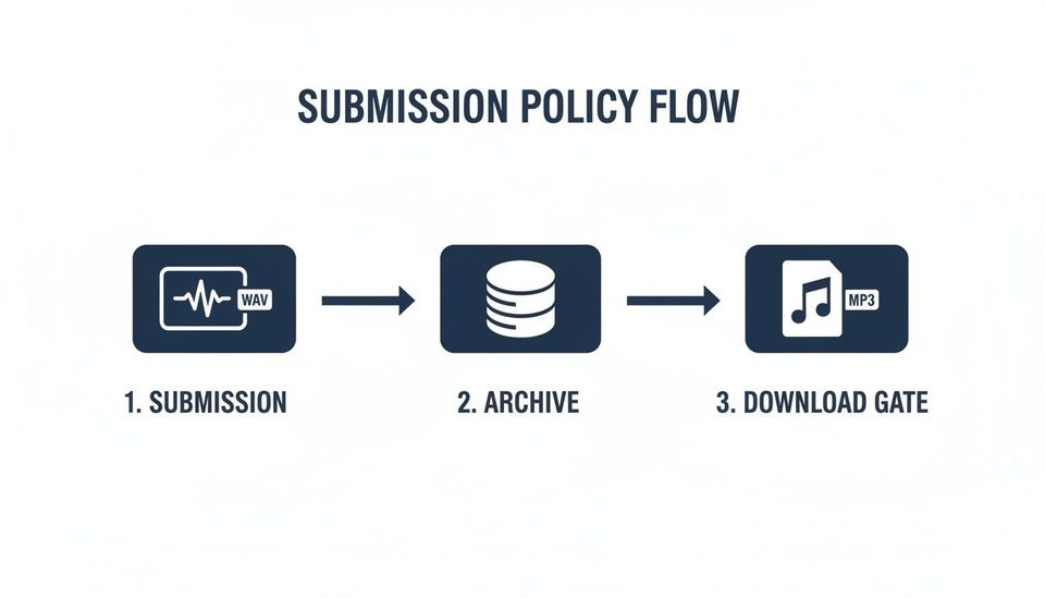 Flowchart illustrating a submission policy with WAV file submission, archival, and MP3 download stages.