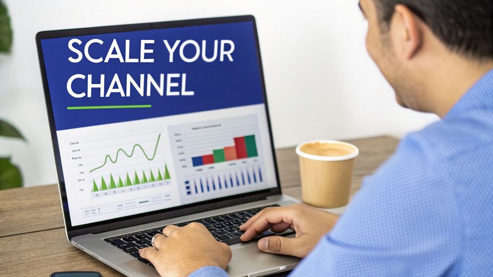 Man typing on a laptop displaying 'SCALE YOUR CHANNEL' text and various growth analytics graphs.