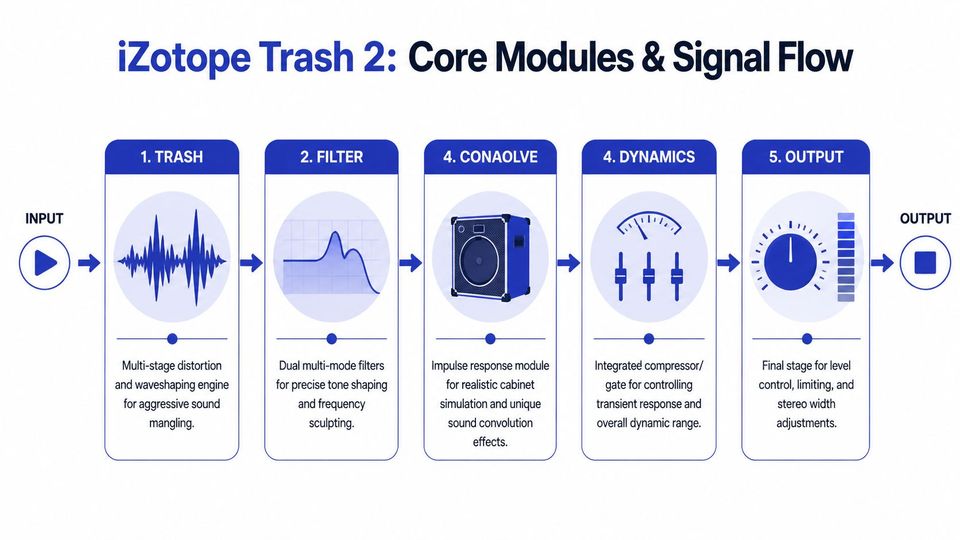 A flow chart illustrating the core signal processing modules of the iZotope Trash 2 audio software plugin.