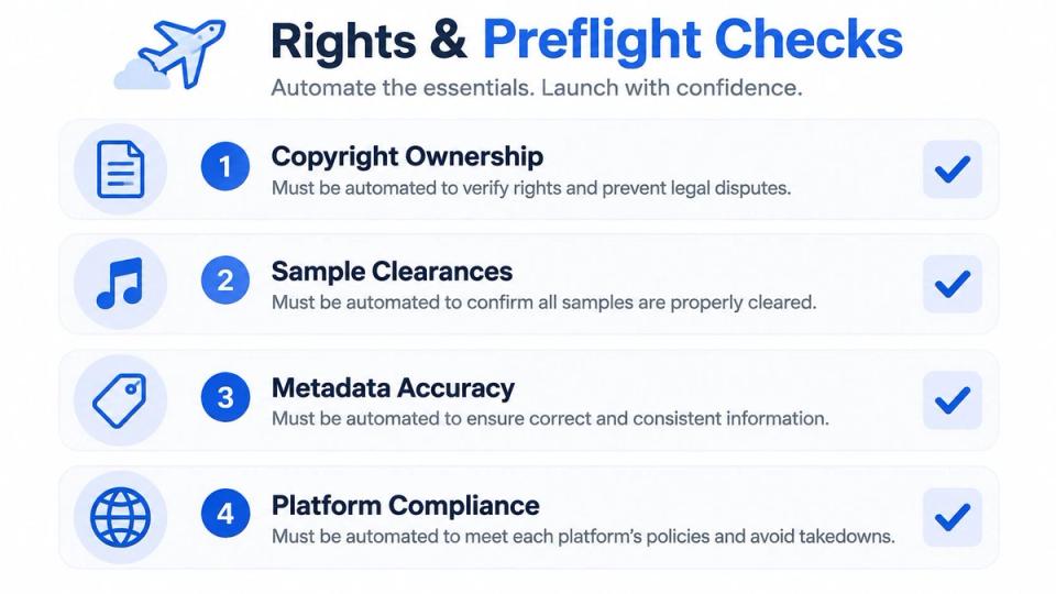 An infographic titled Rights and Preflight Checks illustrating four automated steps for music release preparation and compliance.