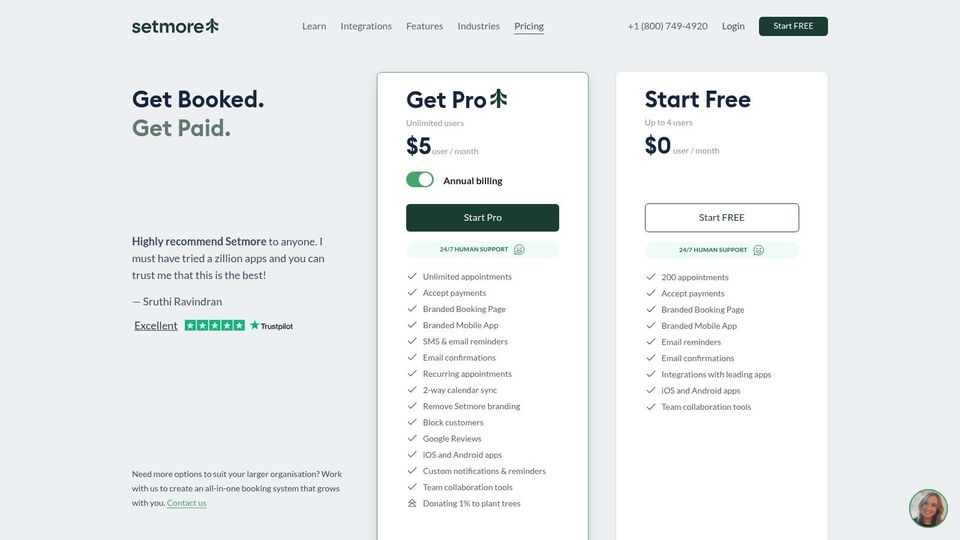 Setmore pricing plans showing different tiers and features