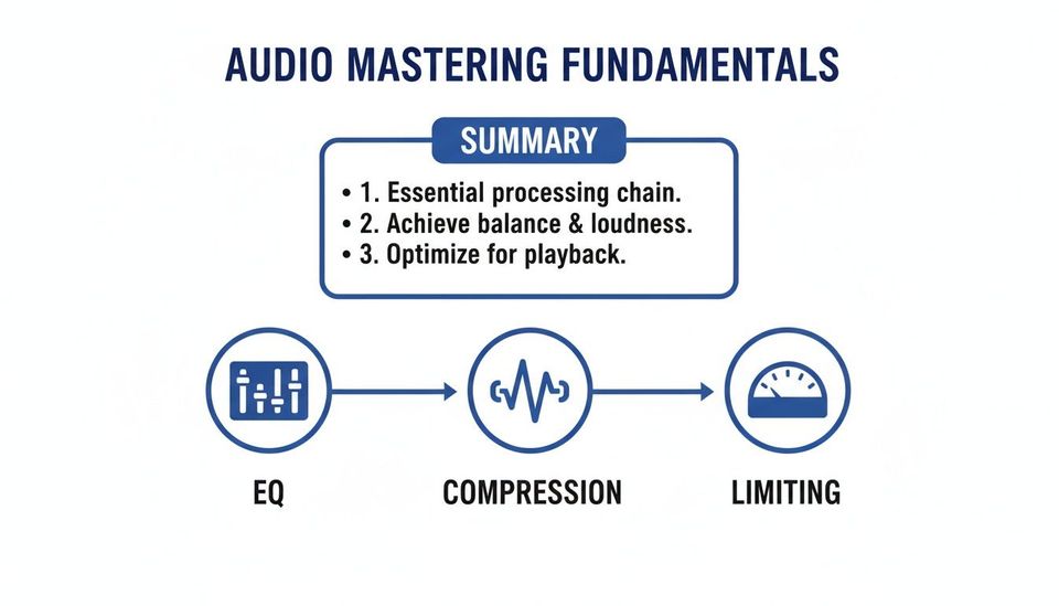 Diagram illustrating audio mastering fundamentals: EQ, Compression, and Limiting, with key goals outlined.