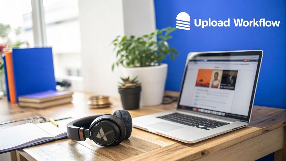 A creative workspace with a laptop, headphones, plants, and books, featuring an 'Upload Workflow' logo.