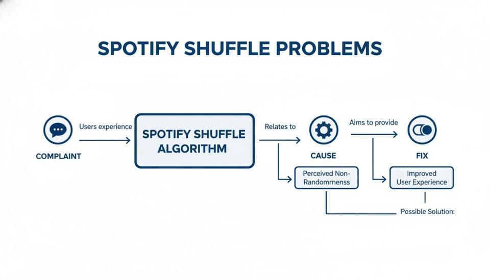 A flowchart detailing Spotify shuffle problems, showing complaints, the algorithm, perceived non-randomness, and improved user experience.