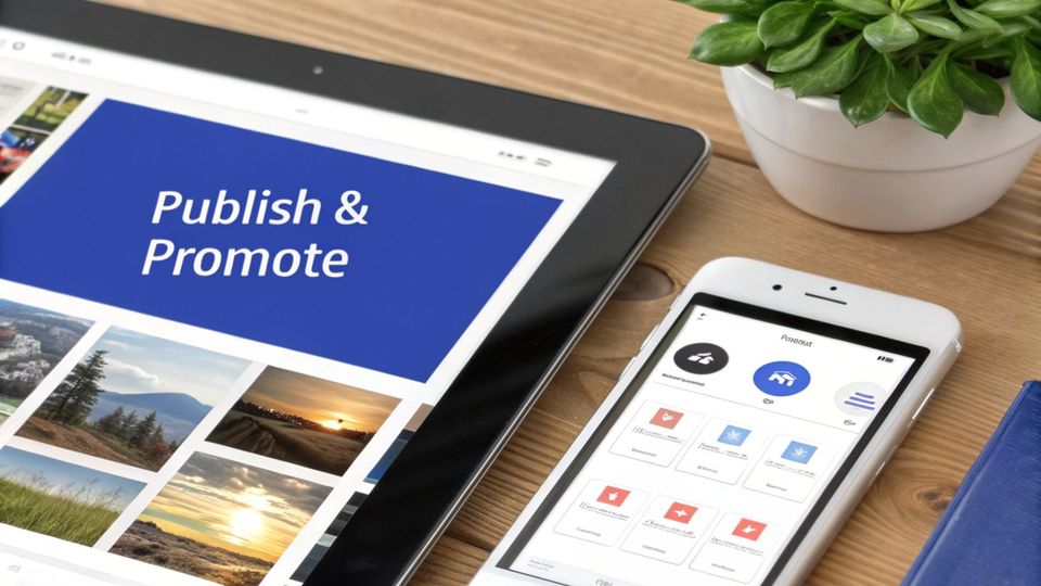 A tablet and smartphone on a wooden desk, displaying 'Publish & Promote' and app icons.