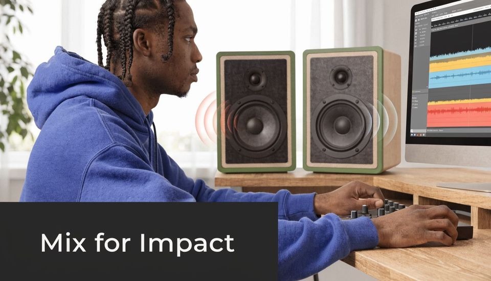 A young man with braids wearing a blue hoodie working on music production at a computer.
