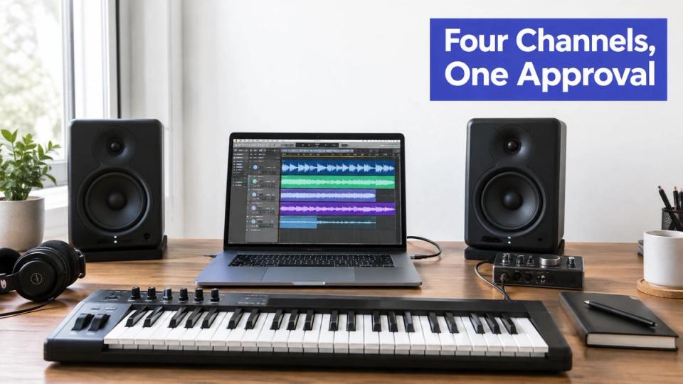 A professional home music recording studio setup with a laptop, keyboard controller, and studio speakers on a desk.