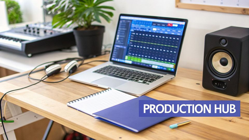 A modern music production hub setup with a laptop displaying a DAW, studio monitor, headphones, and a MIDI keyboard on a wooden desk.