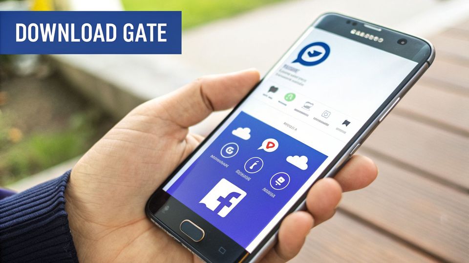 A hand holds a smartphone displaying various app icons, including a large Facebook logo, with a 'DOWNLOAD GATE' banner.