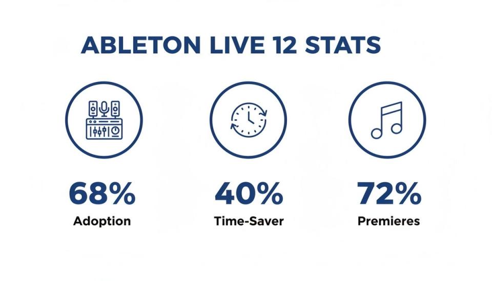 Ableton Live 12 statistics showing 68% adoption, 40% time-saver, and 72% premieres.