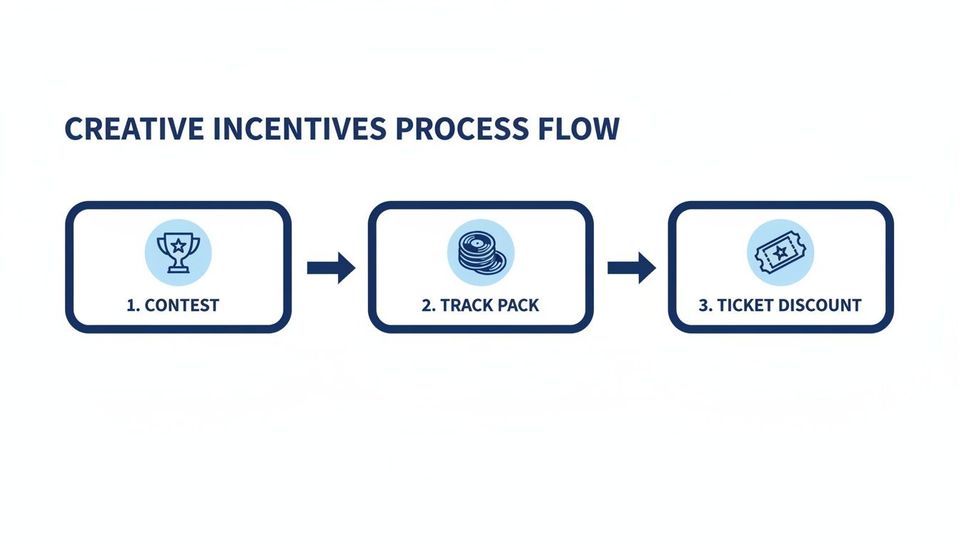 Creative incentives process flow with three steps: Contest, Track Pack, and Ticket Discount.
