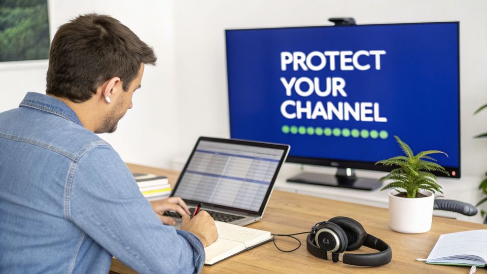 Man writing at a desk with a laptop and a TV screen displaying "PROTECT YOUR CHANNEL".