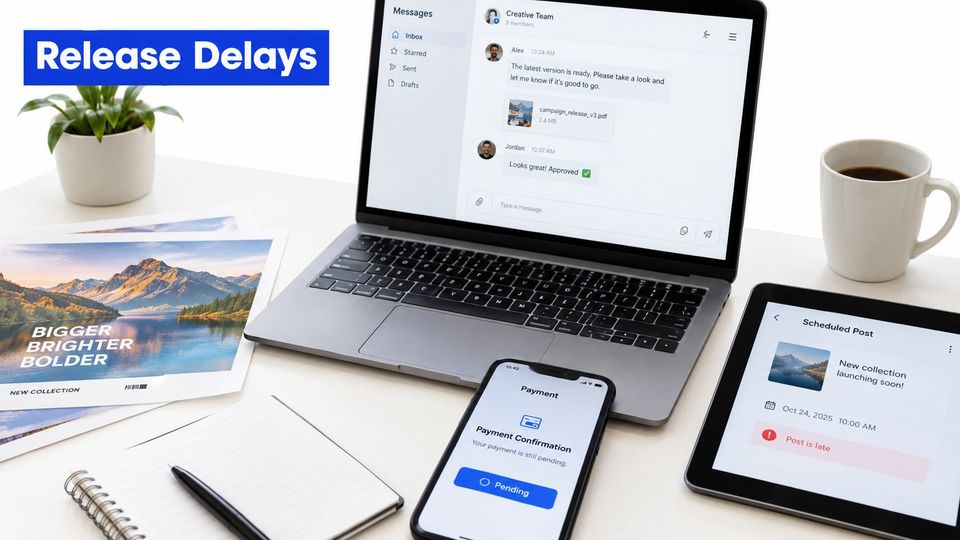 A modern workspace with a laptop, smartphone, tablet, and printed marketing materials displaying project management tasks.