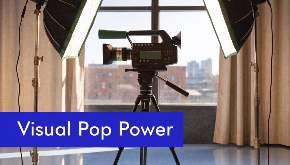 A professional video camera on a tripod set up in a studio with bright softbox lights.