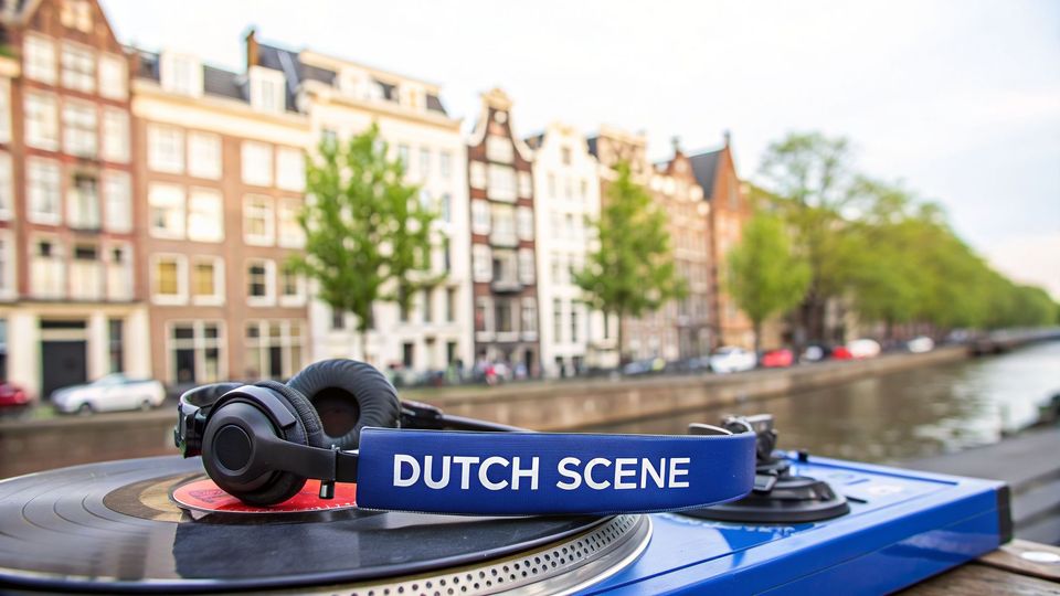 A blue turntable with headphones and a vinyl record, saying 'Dutch Scene', by a canal with historic houses.