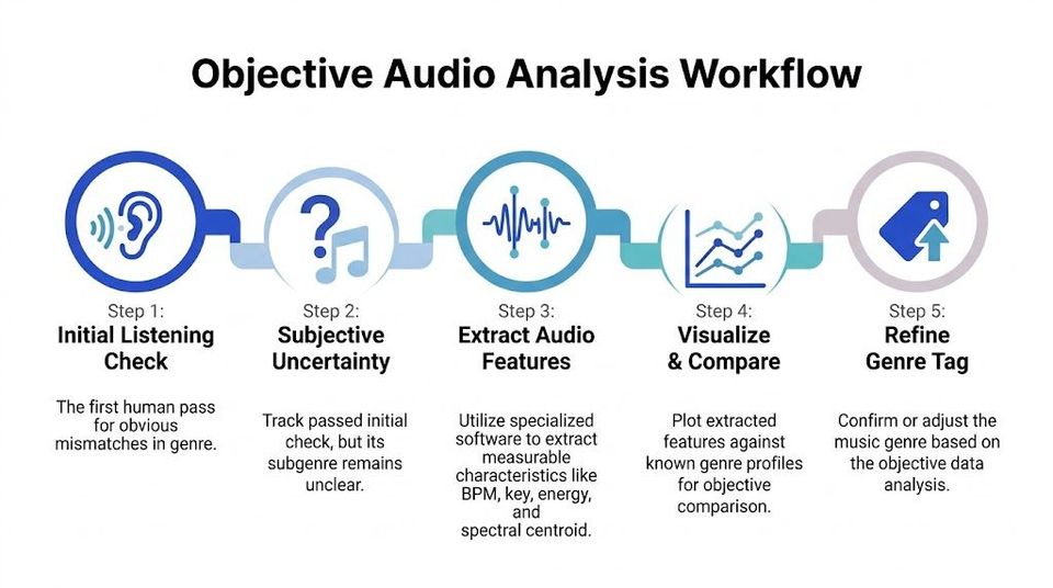 A flowchart titled Objective Audio Analysis Workflow detailing five steps for identifying and refining music genres.