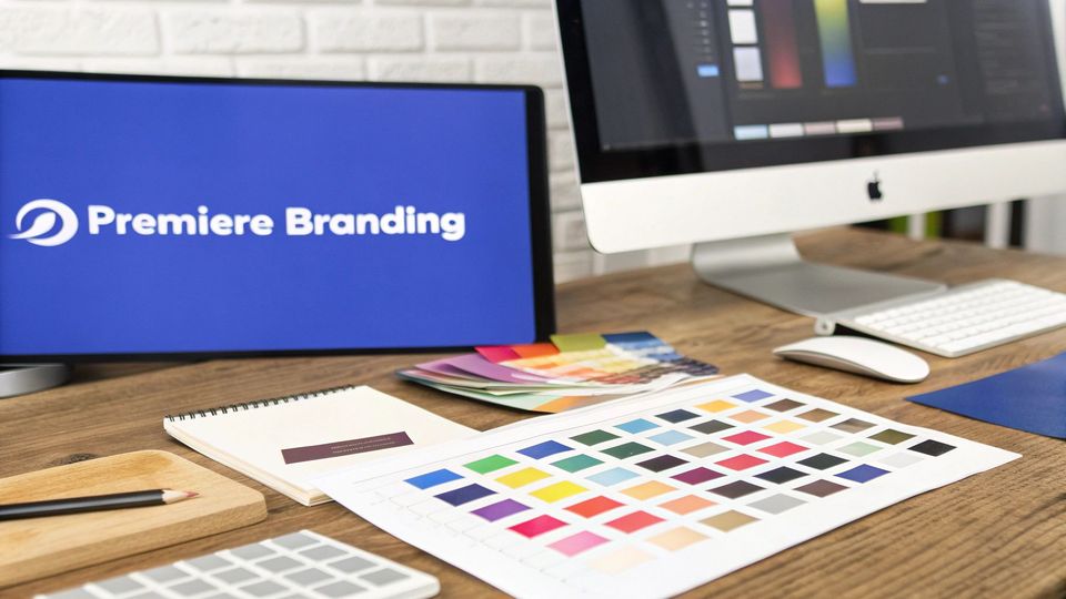 A graphic design workspace featuring monitors, color palettes, and branding materials on a wooden desk.