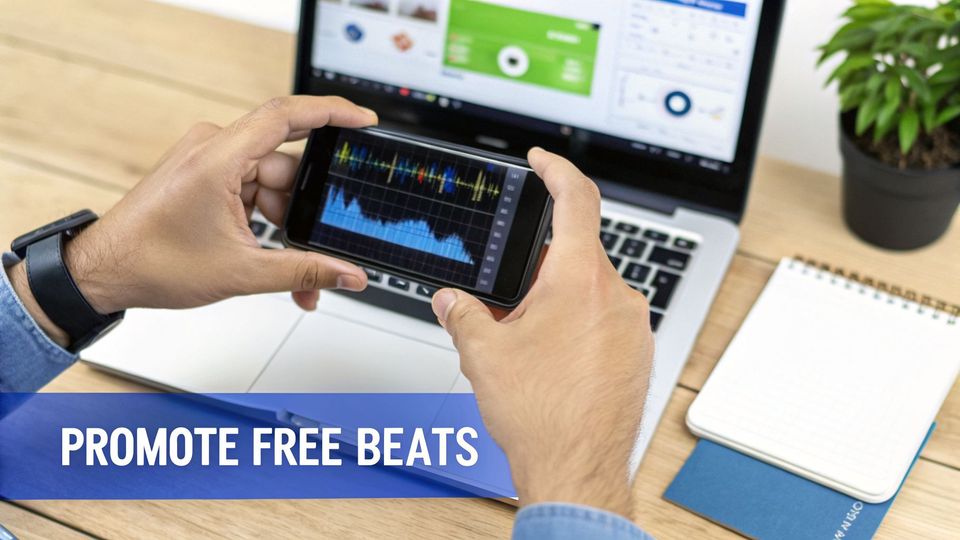 Person analyzing audio waveforms on a smartphone and laptop, promoting free music beats.