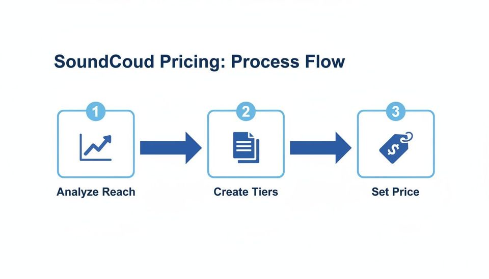 SoundCloud pricing process flowchart with steps: Analyze Reach, Create Tiers, and Set Price.