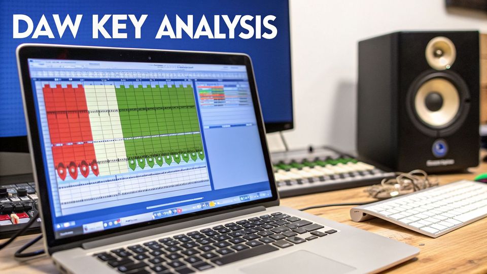 A music production setup features a laptop running DAW software, and a monitor displaying 'DAW KEY ANALYSIS'.