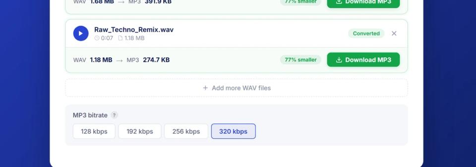 Bitrate selector showing 128, 192, 256, and 320 kbps options with file size comparison