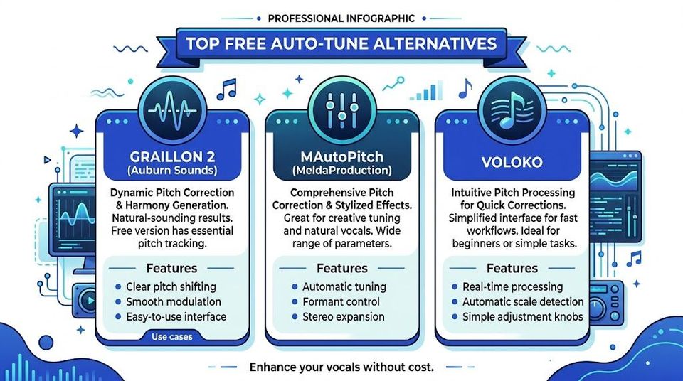 A professional infographic comparing top free Auto-Tune alternatives: Graillon 2, MAutoPitch, and Voloko for vocal tuning.