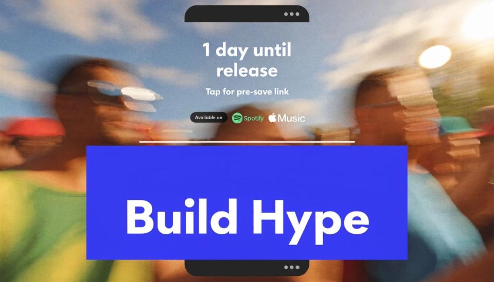 A smartphone screen showing a promotional announcement for a music release featuring Spotify and Apple Music logos.