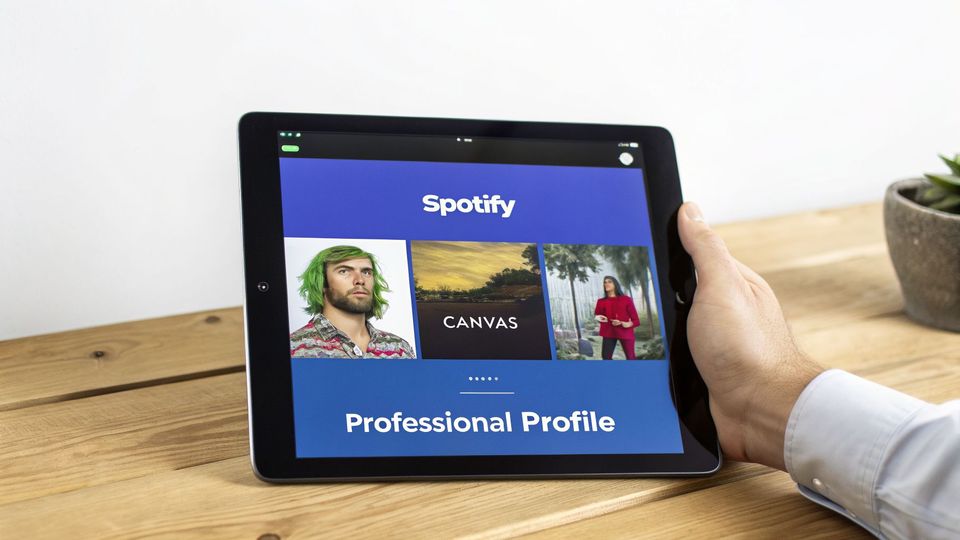 Tablet showing Spotify for Artists 'Professional Profile' with artist images and 'Canvas' feature.