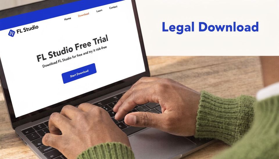 A person working on a laptop computer to access a legal FL Studio free trial download page.