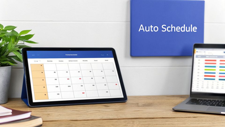 A tablet displaying a calendar application and a laptop with charts on a wooden desk, with a plant and books.
