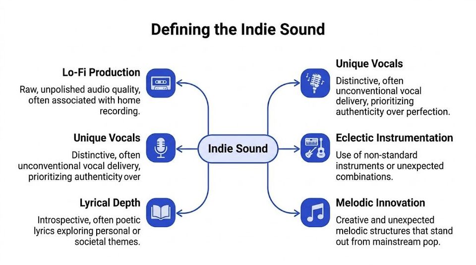 A mind map graphic detailing six defining characteristics of the indie sound in music production.