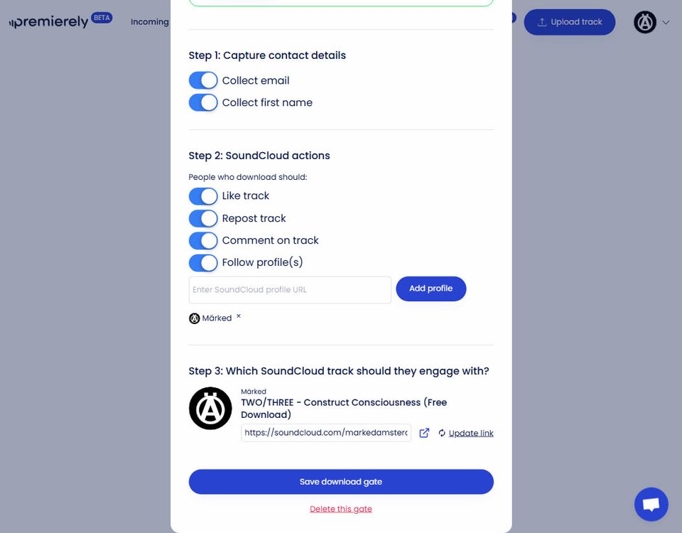 Premierely download gate setup showing action toggles for follow, like, repost, and comment