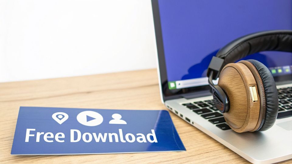 A blue 'Free Download' sign next to a laptop with headphones on a wooden desk.