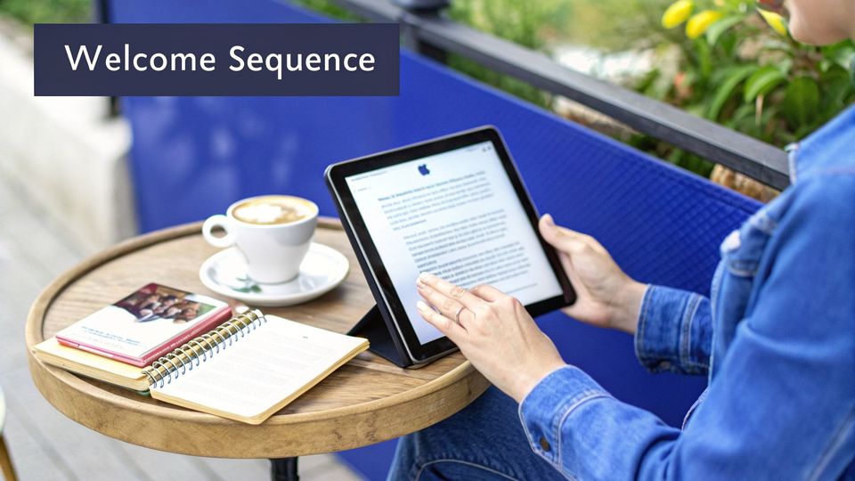 A person's hands interact with an iPad at an outdoor cafe table with coffee and notebooks.