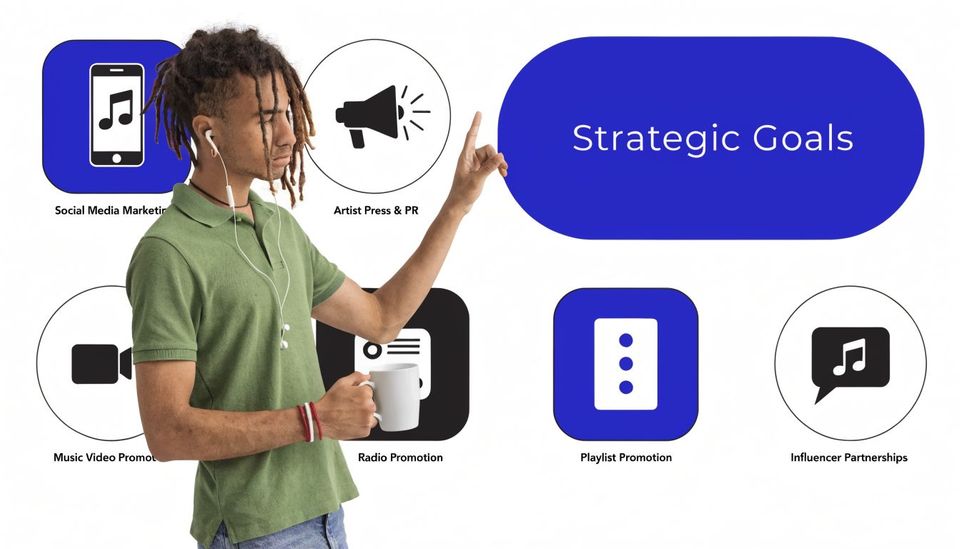 A young man with dreadlocks pointing at a strategic goals concept graphic for music marketing services.