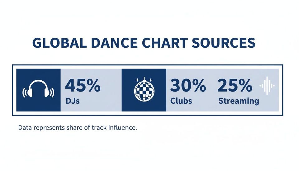 Global dance chart sources infographic, detailing influence from DJs (45%), Clubs (30%), and Streaming (25%).