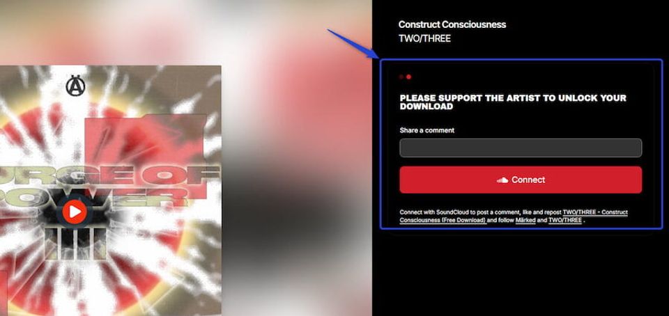 SoundCloud download gate page with comment action required before download