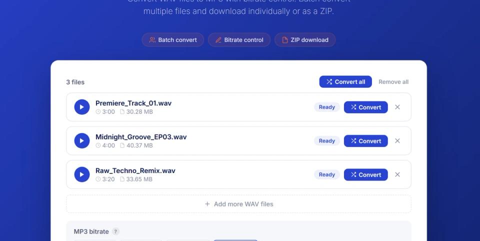 WAV to MP3 converter interface showing files loaded with bitrate selector and conversion controls