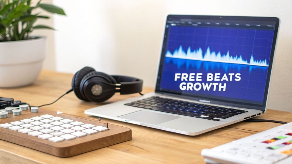 Digital audio workstation on a laptop showing "FREE BEATS GROWTH" with headphones and MIDI controller.