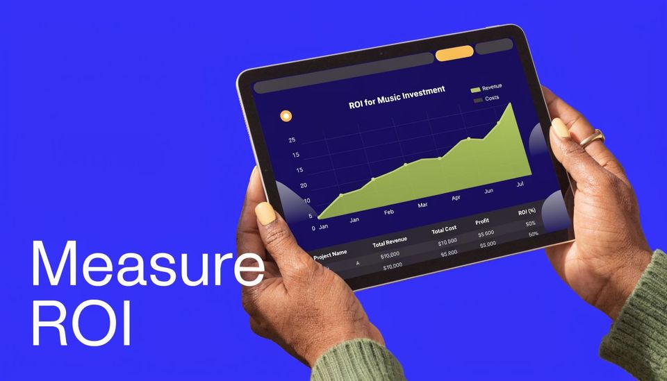 A person holding a tablet displaying a chart and table about ROI for music investment data.