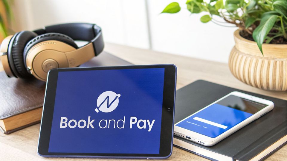 Digital booking and payment apps on tablet and smartphone with headphones on a wooden office desk.