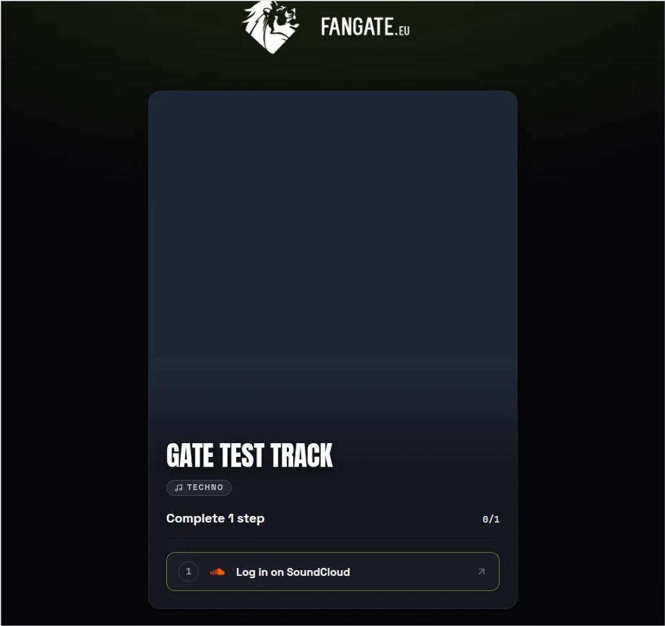 Fangate.eu fan page asking the fan to complete one step, Log in on SoundCloud