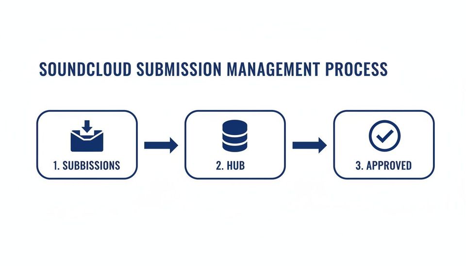 Flowchart illustrating the SoundCloud submission management process with steps: Submissions, Hub, and Approved.