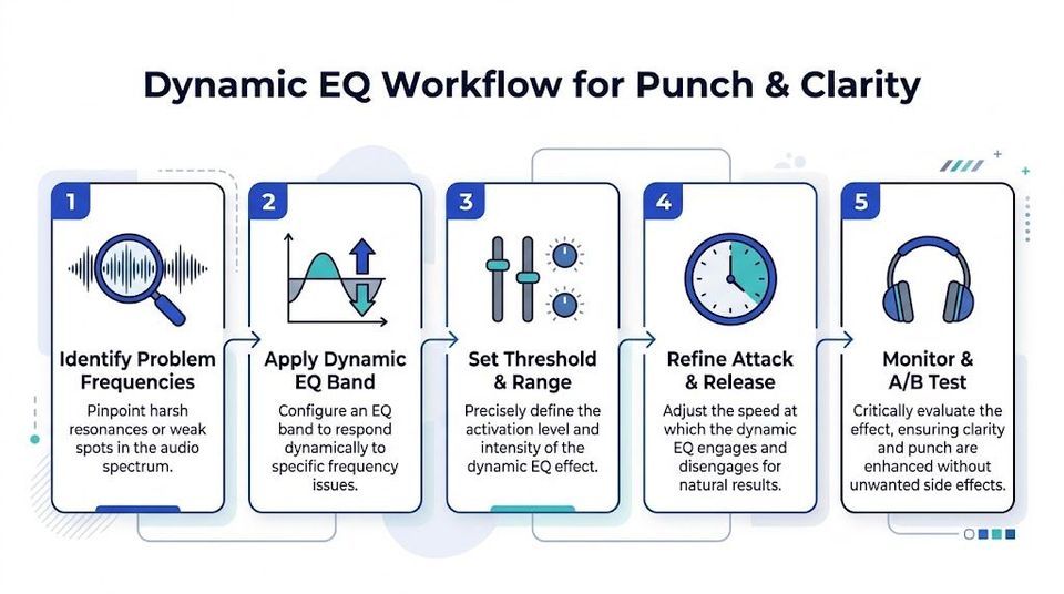A five-step instructional diagram detailing a professional workflow for using dynamic EQ to enhance audio punch and clarity.
