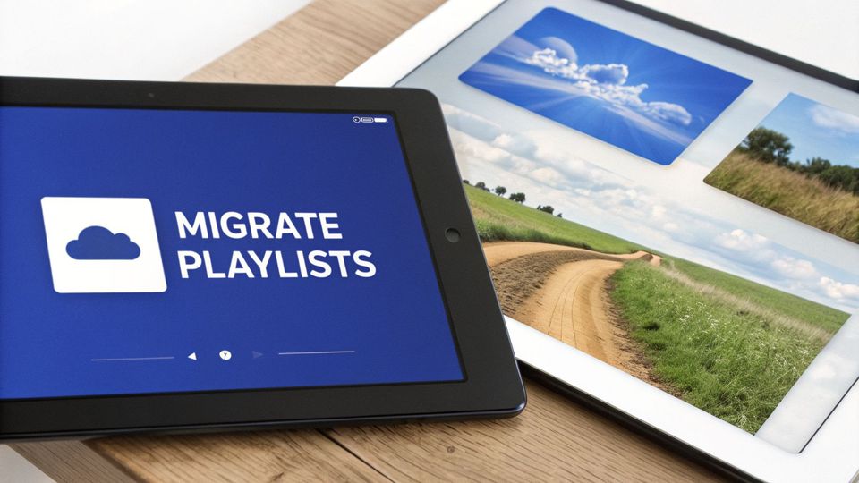 Two tablets on a wooden surface, one displays 'MIGRATE PLAYLISTS' with a cloud icon, the other shows landscape photos.