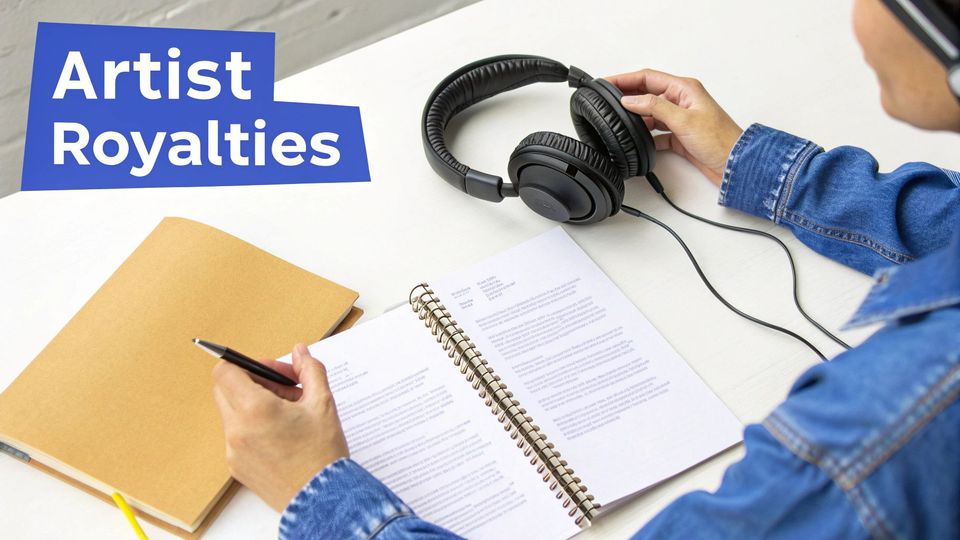Person studying 'Artist Royalties' on a desk with notebooks and headphones, reviewing music finances.