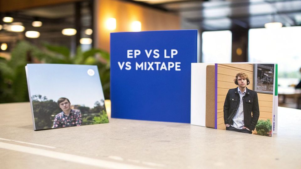 Three music format examples, including EP vs LP vs Mixtape box and two album covers, on a table.