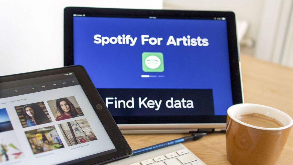 A laptop screen displays 'Spotify For Artists' and 'Find Key data' next to an iPad, keyboard, and coffee.