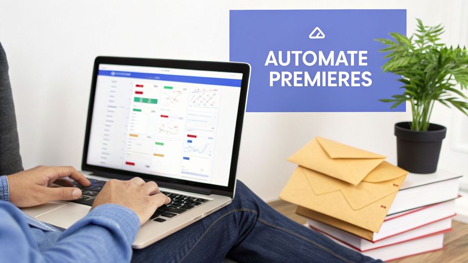 A person uses a laptop displaying data charts, next to a blue 'AUTOMATE PREMIERES' sign, a plant, and books.