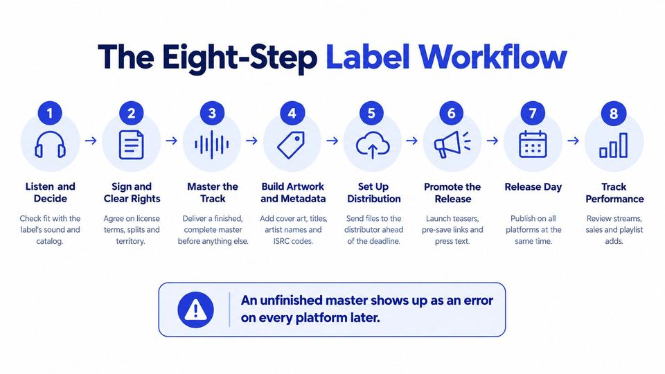 A visual guide outlining the eight-step label workflow for releasing electronic music tracks professionally and efficiently.